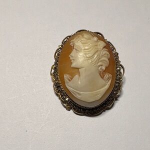 Raised Cameo Brooch Pendant With Filigree Gold and Cream Vintage Estate